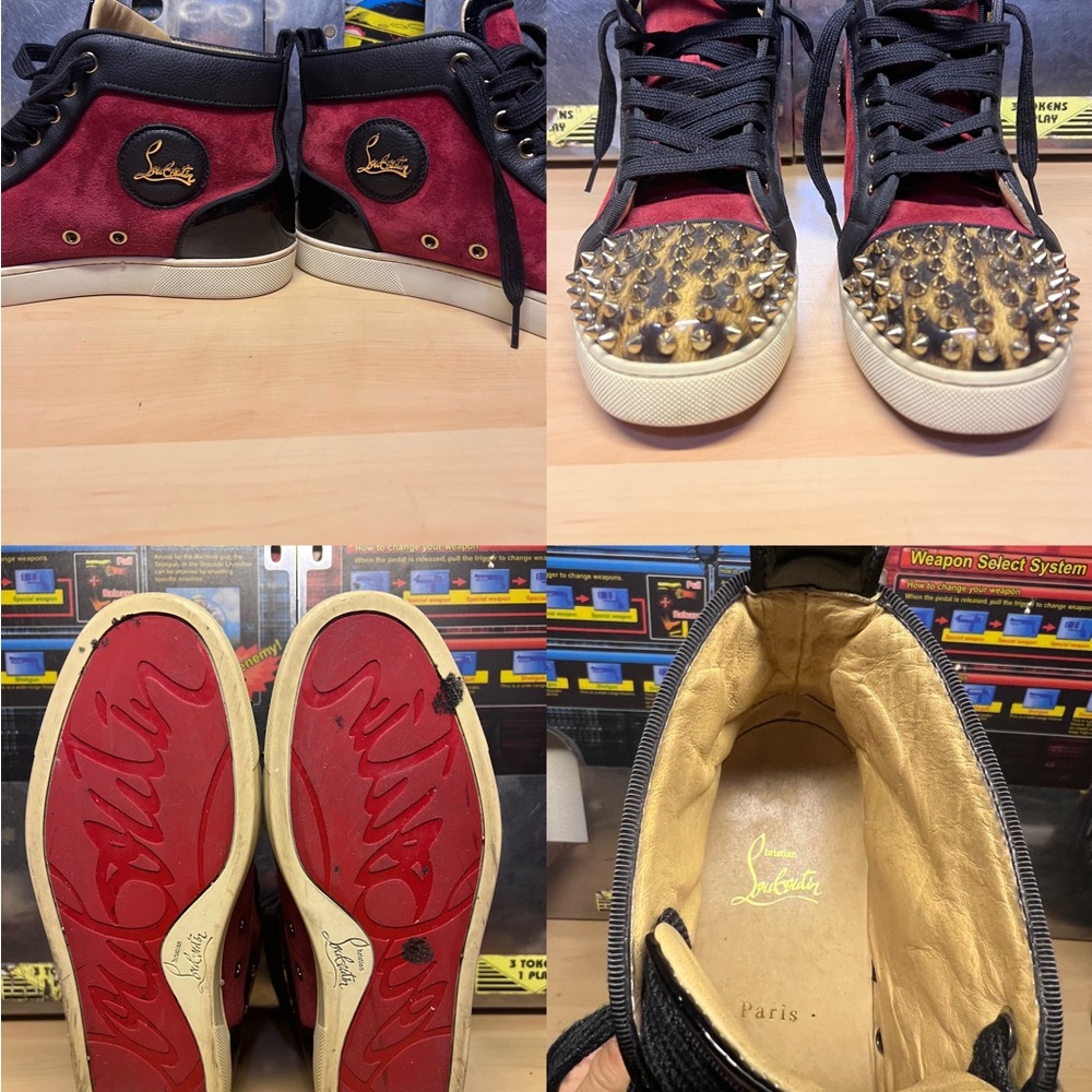 Christian Louboutin Red Cheetah High Top Red Bottoms Gold Rockstuds Size 37